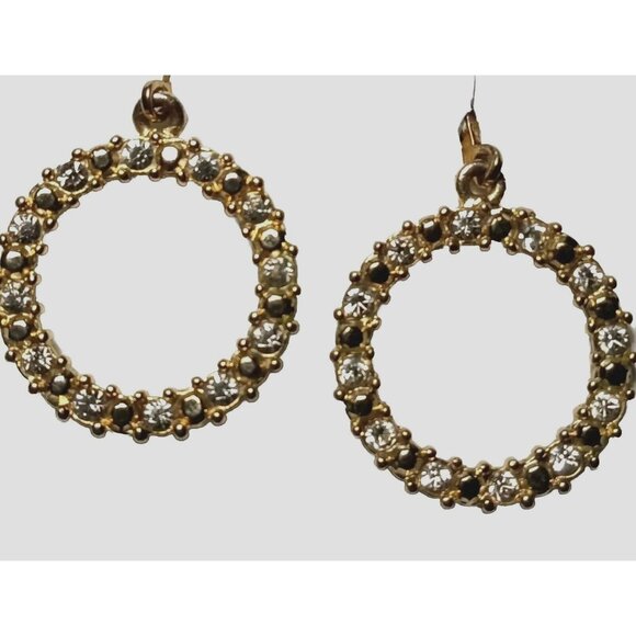SH AVON Signed Vintage Earrings Gold Tone Pave Set White Rhinestones Hoop Dangle - Picture 2 of 11